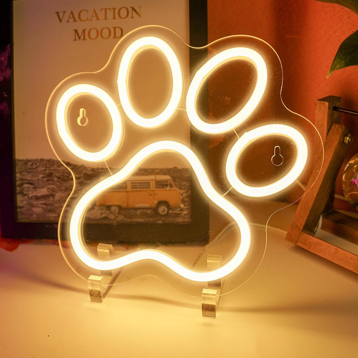 Dog Cat Paw Neon Sign for Wall Decor, Warm White Puppy Foot Print LED Signs