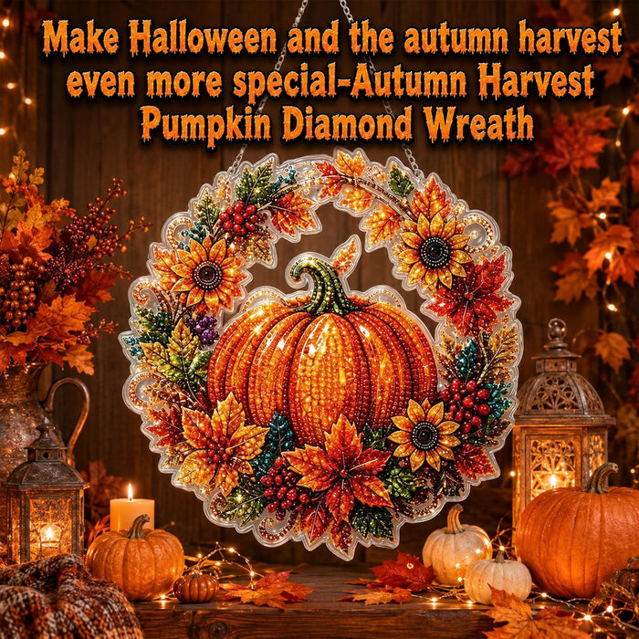 Autumn Harvest Pumpkin Diamond Art Hanging Ornament Kit, Halloween Diamond Art Hanging Kits, DIY Diamond Art Hanging Sign, Acrylic Diamond Painting Window Hanging Decor for Home, Garden,Porch,Mantel