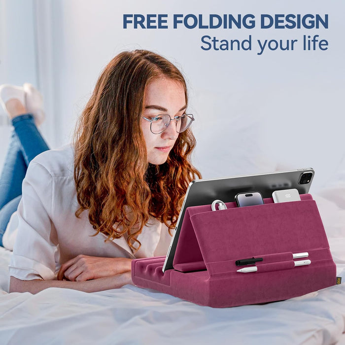 Tablet Pillow Holder, Foldable iPad Stand for Lap, Bed and Desk -Tablet Soft Pad Dock with Pocket & Stylus Mount Compati