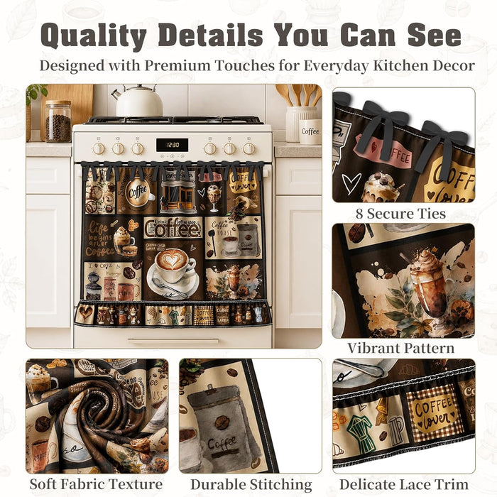 Coffee Bar Farmhouse Oven Skirt Curtain for Stove, Rustic Coffee Lover Tie Top Oven Curtain with Ruffle Trim, Decorative Stove Cover for Cozy Kitchen Decor, Cotton Blend Oven Skirt