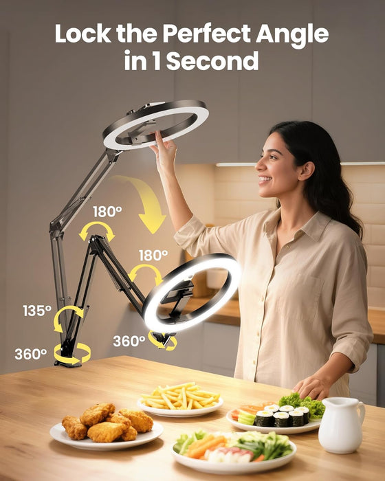 Upgrade Ring Light Overhead Camera Phone Mount for Desk, 10” Selfie Light with Stand Tripod for iPhone, Light with Phone