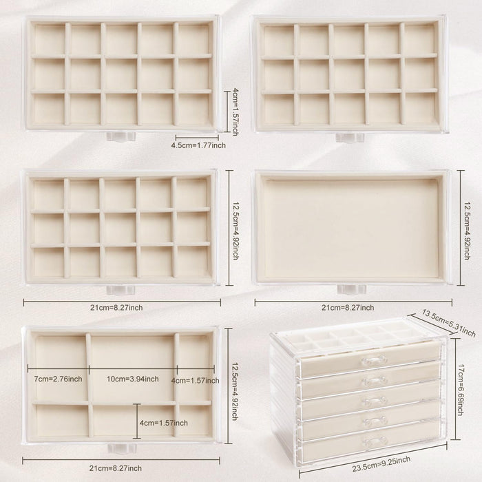 Earring Organizer 5 Drawers Acrylic Jewelry Box for Women, Warm White