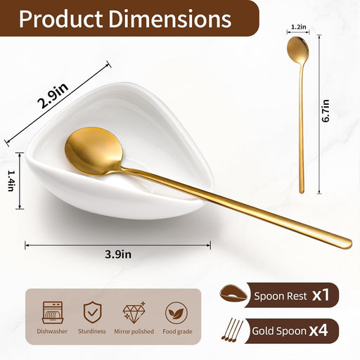 4 Gold Coffee Spoons 6.7in and 1 Ceramic Spoon Rest,Coffee Bar Accessories