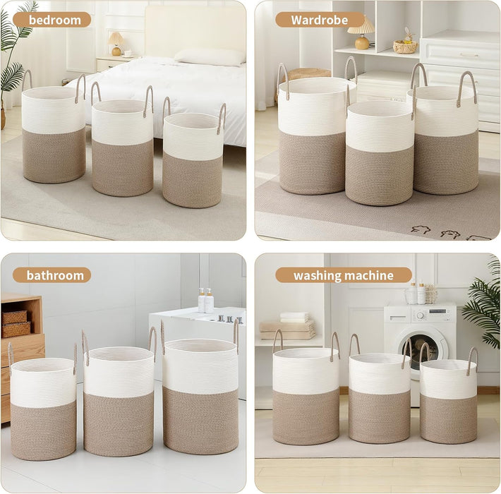 Laundry Basket Hamper Tall Rope Storage Woven for Blanket Toys Dirty Clothes in Living Room Bathroom Bedroom White & Bro