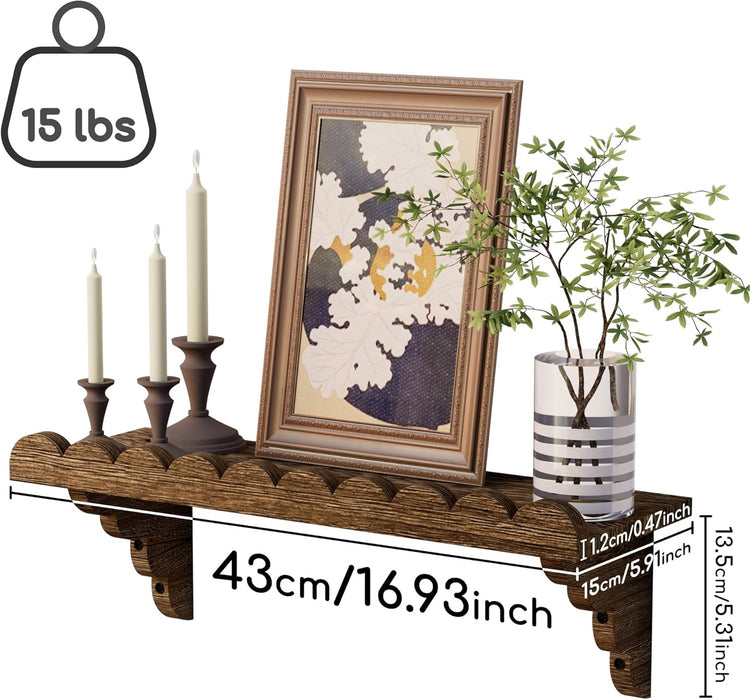 Scalloped Wood Wall Shelf – 17 Inch Floating Shelf with Wood Brackets, Easy to Install Rustic Wall Shelf for Living Room