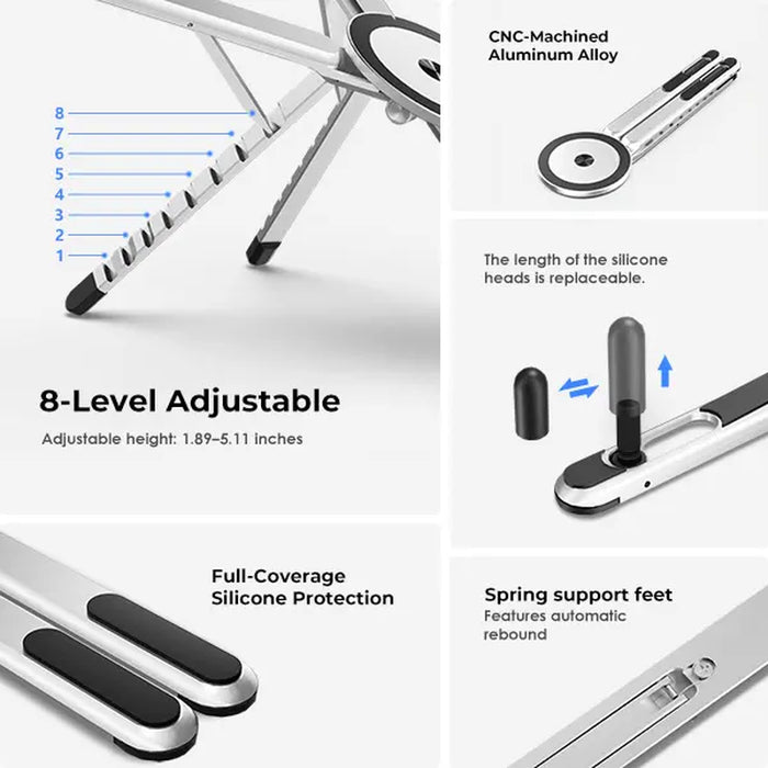 Viozon Ergonomic Portable Laptop Stand for Desk - Foldable Adjustable Aluminum PC Riser with Magnetic Phone Holder, Work & Office Accessories for Home Office (10-16” Laptops, 4-13” Phones/Tablets, Silver)