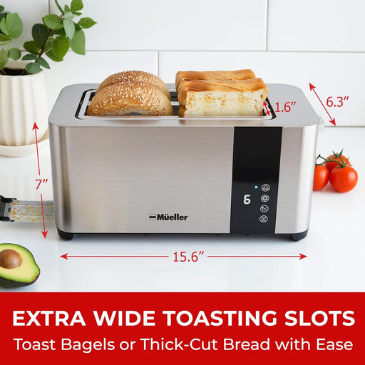 Ultratoast Full Stainless Steel Toaster 4 Slice, Long Extra-Wide Slots for Bagels and Waffles, 6 Browning Levels, LED Display, Cancel/Defrost/Reheat Functions & Removable Tray, Kitchen Gadgets