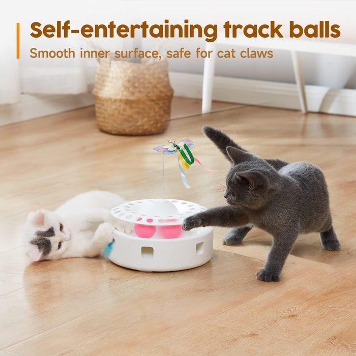 Cat Toys 3in1 Automatic Interactive Kitten Toy, Fluttering Butterfly, Moving Feather, Track Balls, Dual Power Supplies, 