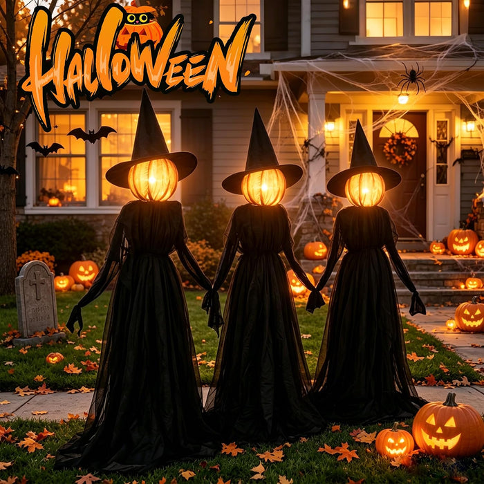Halloween Witches Decorations Outdoor, 5 FT Set of 3 Light Up Holding Hands Witches with Stakes and Timer Function, Glow