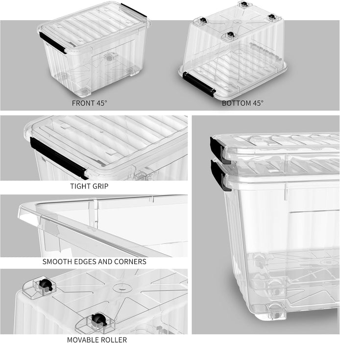 60Qt*4 Plastic Storage Bins, Storage Box, 4 Pack, Organizing Container with Wheels, Durable Lids and Secure Latching Buckles, Stackable and Nestable, Clear with Black Buckle