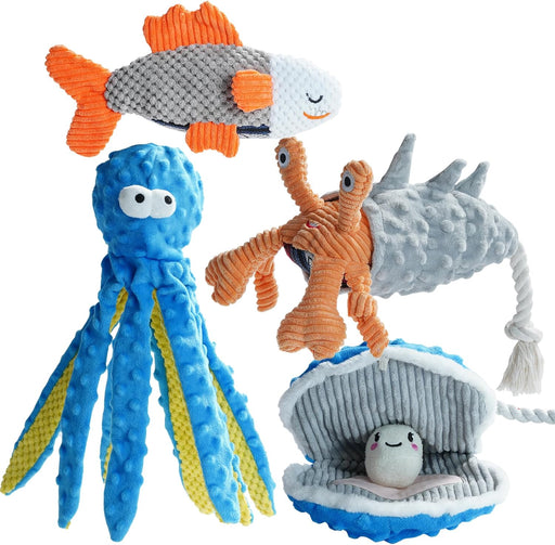 4 Packs Crinkle Squeaky Dog Toys for Aggressive Chewers, Tough Durable Stuffed Plush Rope Tug Puppy Chew Toy for Small M