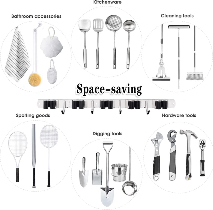 Broom Holder Wall Mount, 5 Racks 4 Hooks Heavy Duty Mop Organizer