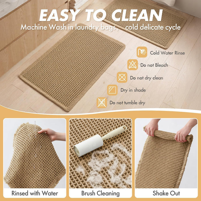 Set of 2 Waffle Bathroom Rugs Boho Bath Mat Brown 18x30 Inch
