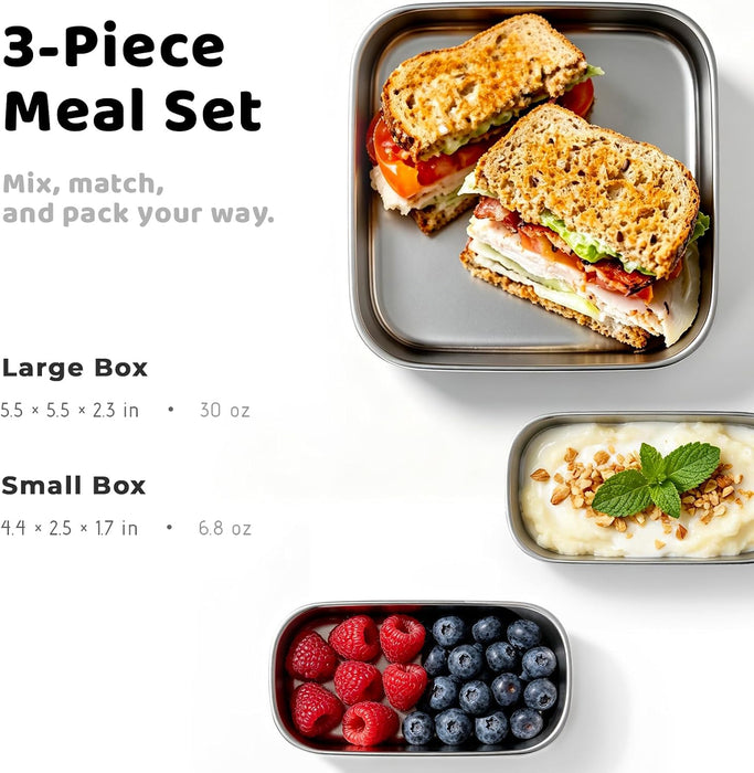 Stainless Steel Lunch Box, Sandwich & 2 Snack Containers, White