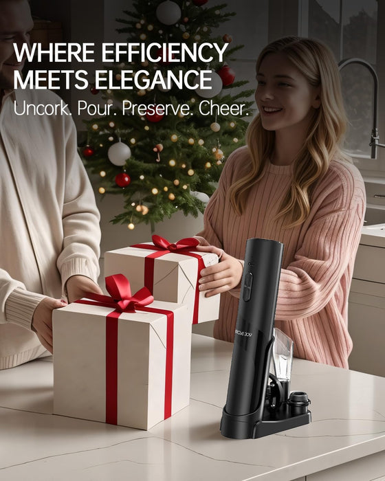 Electric Wine Opener Rechargeable, 7-in-1 Automatic Wine Bottle Opener Gift Set with Electric Vacuum Pump, Foil Cutter, Aerator Pourer, 2 Stoppers & Charging Base, Black