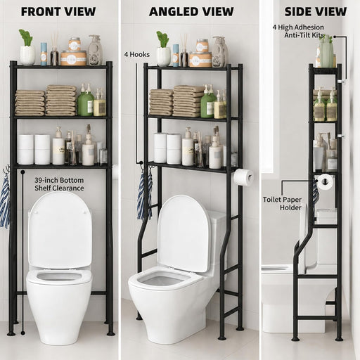 3-Tier Over Toilet Storage, Anti-Tilt, 64" H, Black