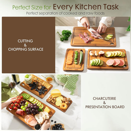 Deep-Carbonized Bamboo Cutting Boards for Kitchen with Wood Storage Stand, Reversible Charcuterie & Chopping Boards with