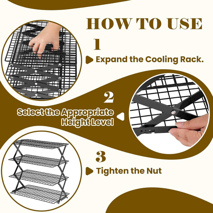 𝟐𝟒% 𝐎𝐅𝐅 4 Tier Collapsible Cooling Rack - Adjustable Black Stainless Steel Baking Rack with Mesh Leak Proof, Foldab