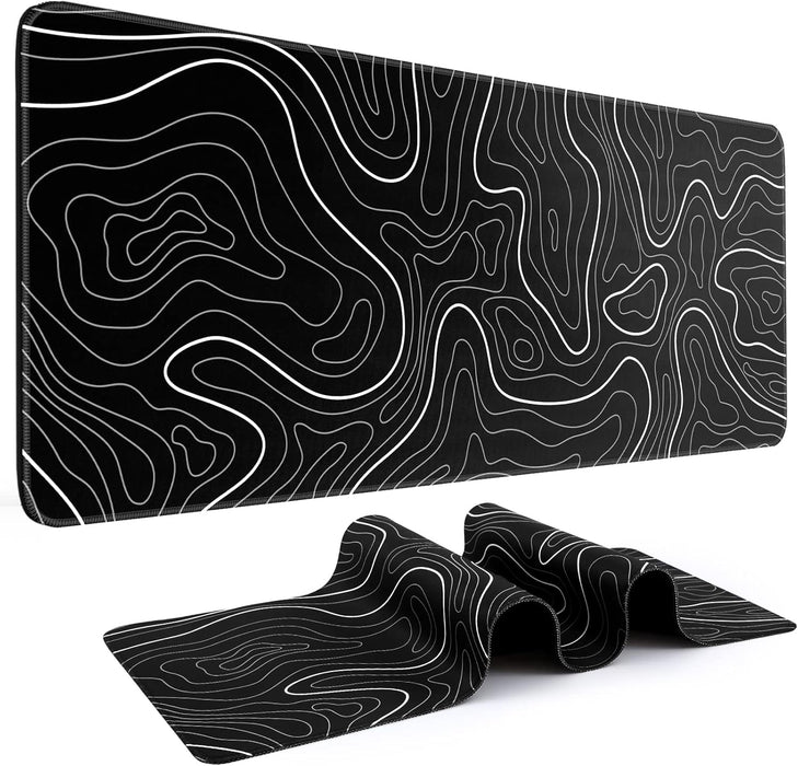 Gaming Mouse Pad, Black with White Topographic Line, 31.5x11.8in