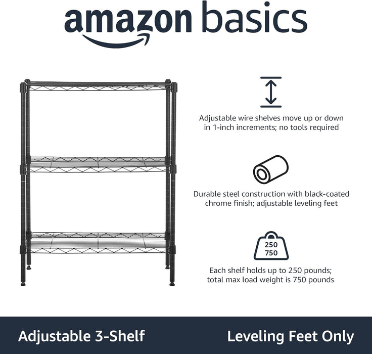 3-Shelf Adjustable Heavy Duty Steel Wire Rack Storage Shelving Organizer with Storage Space, Versatility and Ease of Use