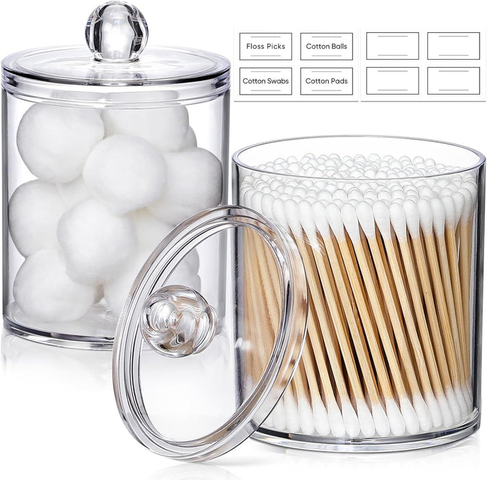 4 Pack Acrylic Qtip Holder Dispenser for Cotton Swabs, Balls, Pads, Floss Picks- Small Clear Plastic Canister Apothecary Jar Set, Bathroom Essentials Accessories Decor, Vanity Makeup Storage Organizer