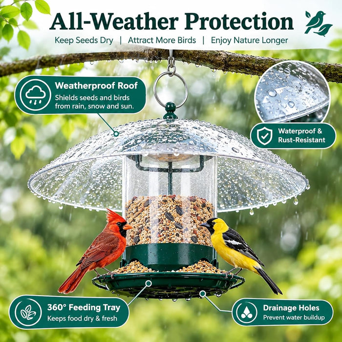 Metal Bird Feeders for Outdoors with 12” Weatherproof Dome, Green
