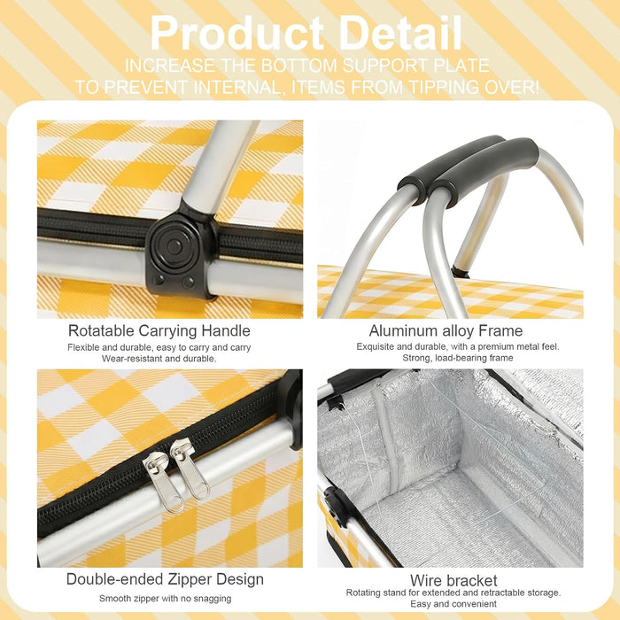 Insulated Picnic Basket, Collapsible Market Basket (Yellow Grid)