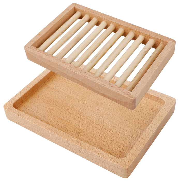Soap Dish Two Tier Soap Holder Wooden Soap Storage Tray Bathroom Accessories 14*10*2.5Cm