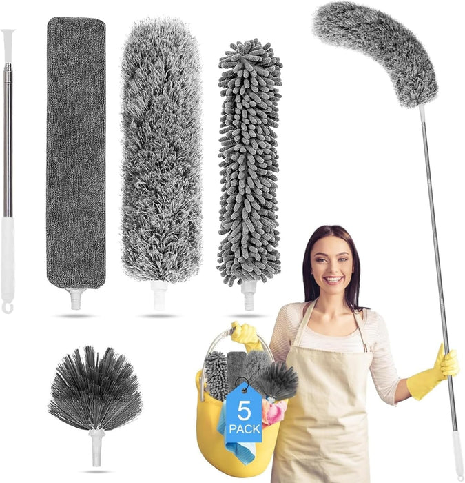 Microfiber Feather Duster 5-in-1 Kit, Dusters for Cleaning, Duster with Extension Pole 100 Inches, Cobweb Duster, Microfiber Dusters for High Ceilings and Fans, Blinds, Cars and Furniture