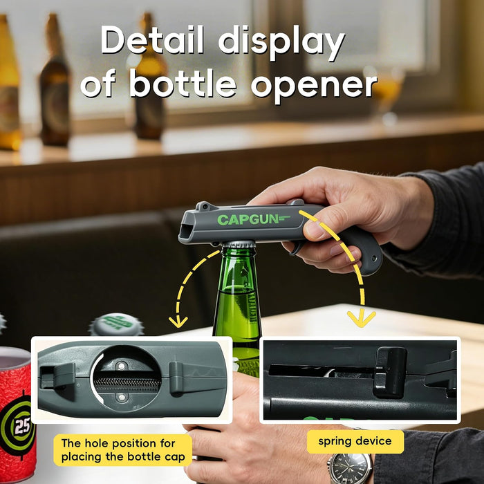 Cap Gun Bottle Opener, 2 Pack Bottle Cap Launcher Shooting Gun, Funny Party Opener for Men, Cool Gadget Present for Him - Black & Gray