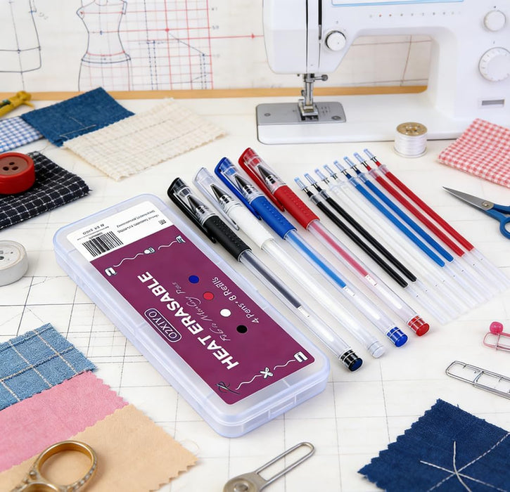 Heat Erasable Fabric Marking Pens 4 Pens + 8 Refills, No Ghost Lines,Disappearing Ink Precision Fabric Markers for Sewing Quilting Embroidery Dressmaking