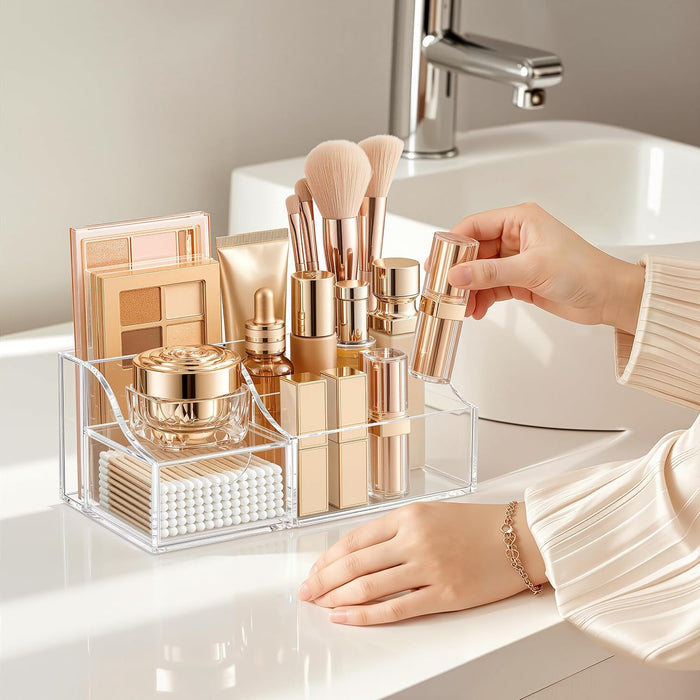 Makeup Organizer with Drawer – Cosmetic Storage for Vanity, Bathroom Countertop & Dresser, Skincare Organizer with Brush