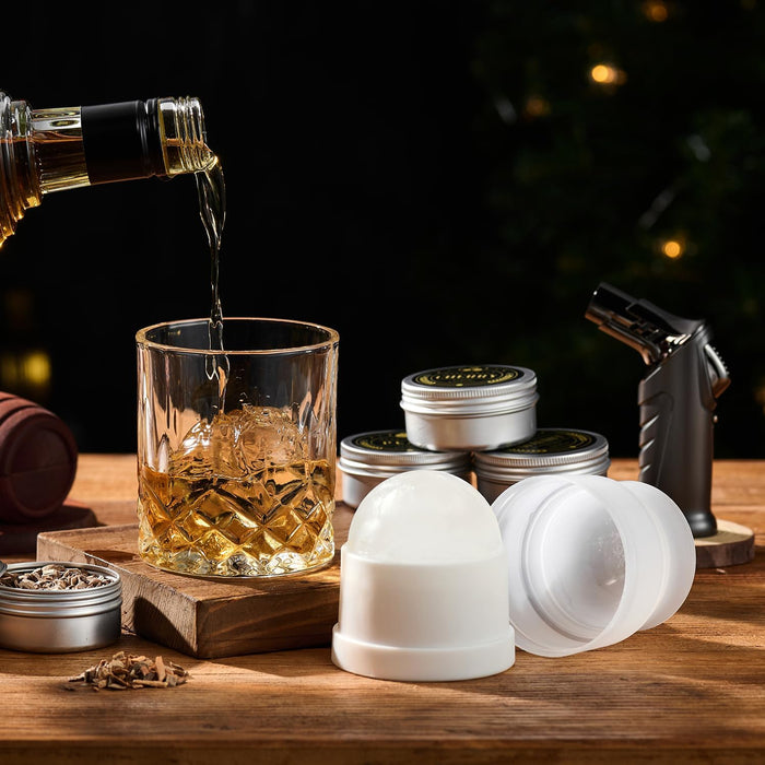 Whiskey Smoker Kit with Torch - 6 Flavors Wood Chips, 2 Glasses, 2 Ice Ball Molds - Cocktail Smoker Infuser Kit, Old Fas