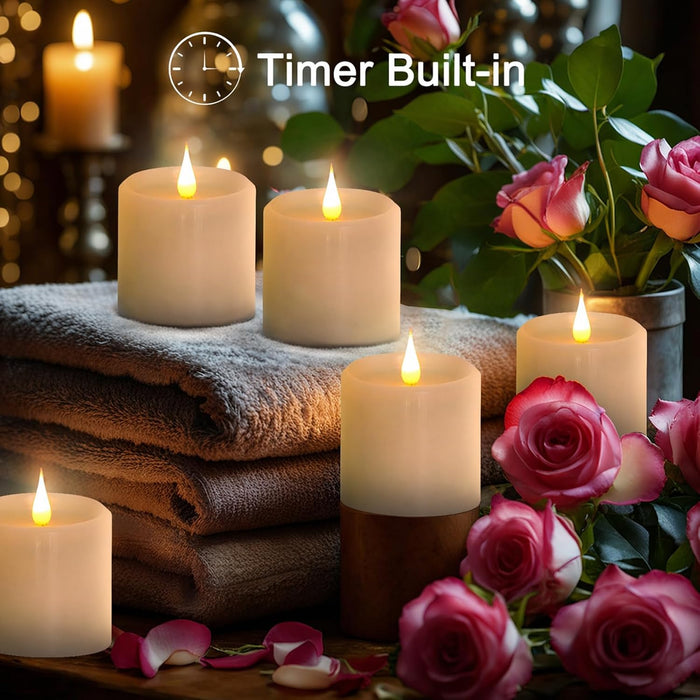 Flickering Flameless Candles with 3D Moving Flame, Real Wax Battery Operated Candles with Timer and Remote, Last 600+ Hours, 3" x 3" LED Fake Candles for Home Wedding Christmas Decor, 2 Pack