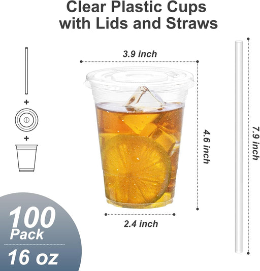 100 Pack - 16 oz Clear Plastic Cups with Lids and Straws
