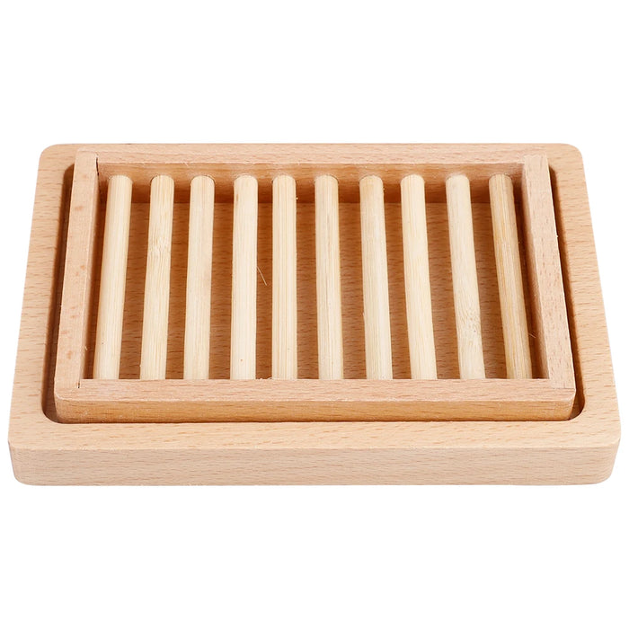 Soap Dish Two Tier Soap Holder Wooden Soap Storage Tray Bathroom Accessories 14*10*2.5Cm