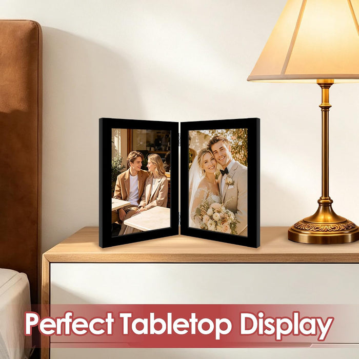Hinged Double 4x6 Picture Frame, 2-Opening Folding Black Desk Photo Frame with HD Plexiglass, Bifold Frames Tabletop or 