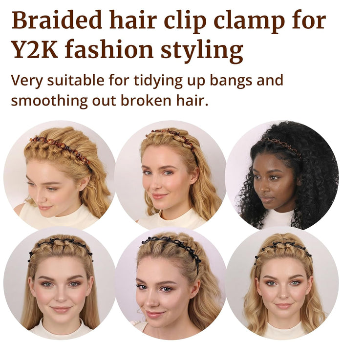 2 Pack Clip Headband for Twisty Bangs, 90s Hair Accessories for Women with 8 Mini Clips, Braided Hair Clip Headbands for Y2K Fashion Styling, Black and Brown