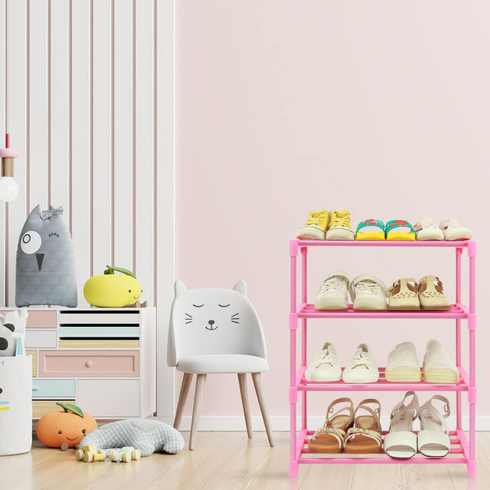 4-Tier Free Standing Pink Shoe Racks, Lightweight Stackable Shelf