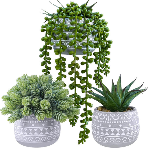 3 Pcs Assorted Small Potted Succulent Plants Artificial Aloe Hops String of Pearls Succulents in Gray Geometric Concrete