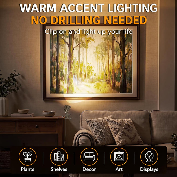 LED Clamp Spot Lights 2 Pack, 3000K Warm White Indoor Spotlights, Clip On Lights with 2.76" Wide Clamp, 270° Adjustable & Switch for Artwork, Plants, Shelves, Displays, Workshop, Desk