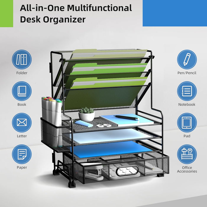4-Tier Paper Organizer + 3-Pocket File Holder + Drawer + Pen Holders, Desktop File Organizers Paper Tray for Office Acce
