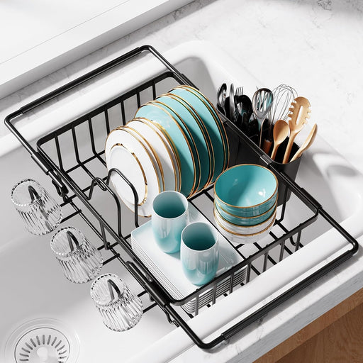 Dish Drying Rack in Sink - Expandable Stainless Steel Dish Rack Over the Sink, Kitchen Sink Drain Strainer with Cutlery 