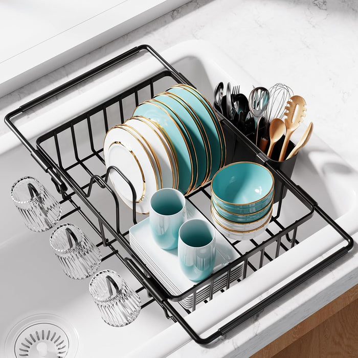 Dish Drying Rack in Sink - Expandable Stainless Steel Dish Rack Over the Sink, Kitchen Sink Drain Strainer with Cutlery 