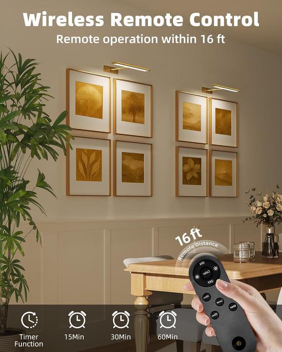 Picture Light for Wall, 4800mAh Rechargeable Wireless Remote, 16‘’ Dimmable Magnetic LED Art Display Light with 3 Color Temperatures, for Gallery, Living Room, Bedroom, Hallway (Gold)