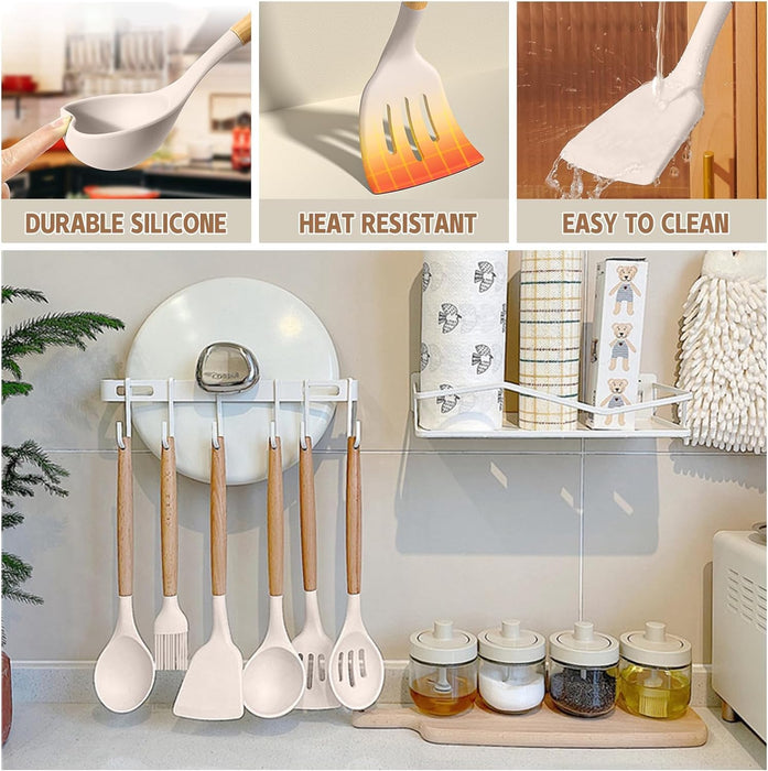 Kitchen Cooking Utensils Set, 33 pcs Non-Stick Silicone Cooking Kitchen Utensils Spatula Set with Holder, Wooden Handle 