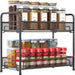 Spice Rack Organizer for Countertop, 2-Tier Foldable Metal Rust-Proof Standing Large Seasoning Storage Shelf with Guardrail and Mesh Design for Kitchen Cabinet Bathroom Living Room Pantry, Black