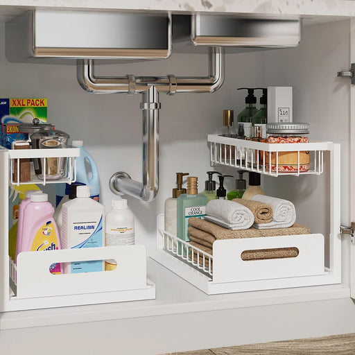 Under Sink Organizer, L-Shaped 2 Tier Pull Out Cabinet Organizer