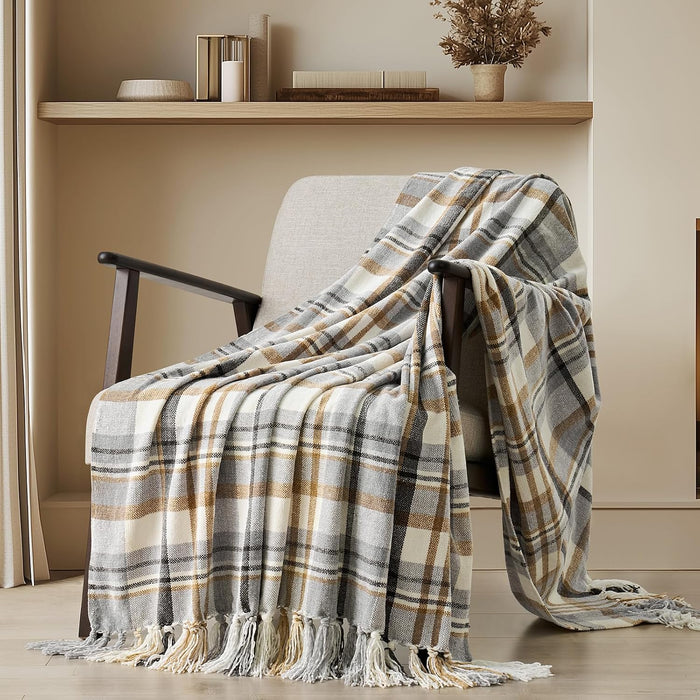 Plaid Chenille Knit Throw Blanket, 50"x60", Grey & Beige