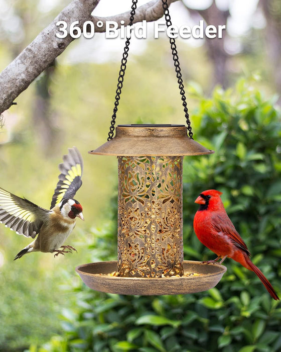 Solar Bird Feeder for Outdoors Hanging, Metal Wild Bird Feeder for Cardinals Solar Garden Lantern with S Hook as Gift fo